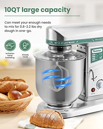 Huanyu 10QT Commercial Stand Mixer, 3-in-1 Stepless Speed Stainless Steel