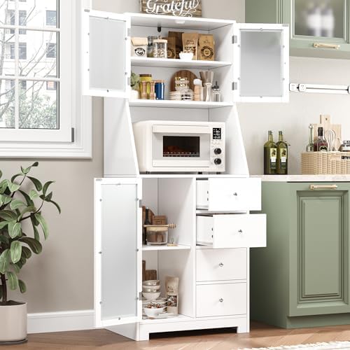 BOTLOG 64'' Kitchen Pantry Storage Cabinet, Tall Kitchen Storage Cabinet with Microwave Stand, Hutch Cabinet with Adjustable Shelves, for Dining Room (White)
