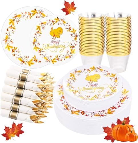 Ciaell 175PCS Thanksgiving Plastic Plate - Disposable Dinnerware Set - Gold Disposable Plastic Plates include 50Plates, 75Silverware, 25Cups, 25Napkins for Thanksgiving & Party
