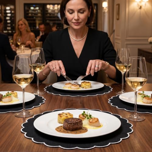 Set of 12 Black Cotton Placemats 15 Inch Round Scalloped Placemats,