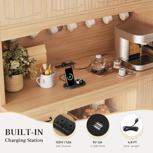 Fluted Kitchen Pantry Cabinet with Charging Station & LED Light, 47" Wide Kitchen Pantry Storage Cabinet with Countertop, Microwave & Appliance Storage, Food Pantry Cabinet for Dining Room ,Natural