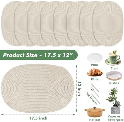 Oval Woven Placemats Set of 8 Heat Resistant Placemats 17.5 x 12 Inches Farmhouse Cotton Rope Place Mats for Dining Tables Trivets for Hot Dishes, Beige