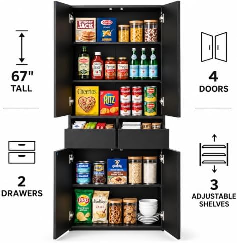 67-Inch Multi-Functional Kitchen Pantry Cabinet with 4 Doors, 3 Adjustable Shelves, 2 Cabinets with 1 Drawer – Elegant Freestanding Farmhouse Storage for Kitchen, Dining and Living Room (Black)