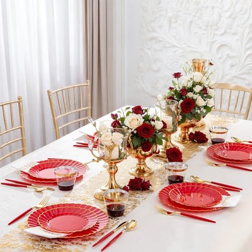 Ciaell 175 Piece Red and Gold Plastic Plates for Weddings Parties