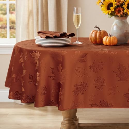 Softalker Fall Jacquard Oval Tablecloth, 60 x 84 Inch Rust