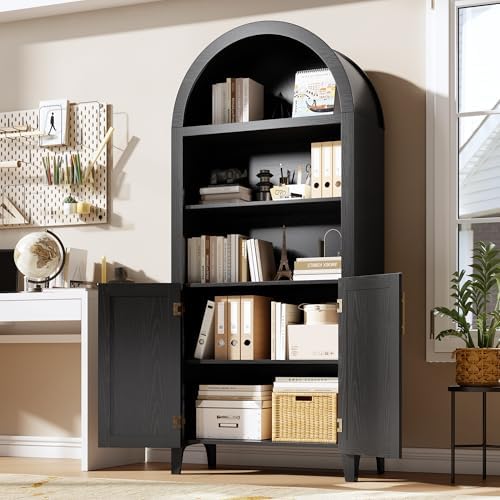 Arched Kitchen Pantry Cabinet with Doors, 5-Tier Open Display Shelf, Black