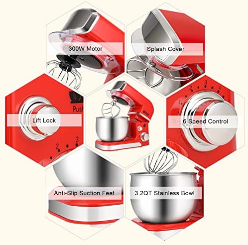 Stand Mixer, Kitchen in the box 3.2Qt Small Electric Food Mixer,6 Speeds Portable Lightweight Kitchen Mixer for Daily Use with Egg Whisk,Dough Hook,Flat Beater (Red)