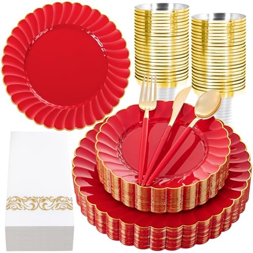 Ciaell 175 Piece Red and Gold Plastic Plates for Weddings Parties