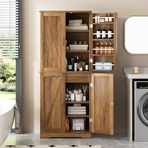 Shintenchi Kitchen Pantry Cabinet, Farmhouse Tall Cupboard, Rustic Brown