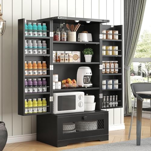 kepptory Farmhouse Pantry Cabinet with Barn Door & Adjustable Shelves, Freestanding Kitchen Storage Cabinet for Dining Room, Bathroom, Hallway (Black)