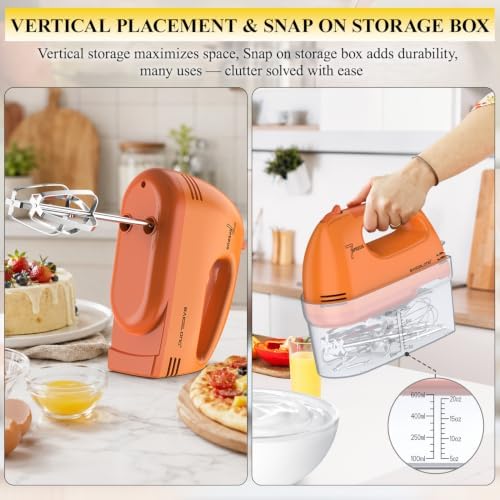 BAIGELONG Hand Mixer. 7-Speed Adjustable Kitchen Electric Mixer. With 5 Stainless Steel Attachments: 2 Hooks, 2 Beaters, 1 Whisk. Comes 1 Storage Box. Perfect for Bakers and New Starters, Orange