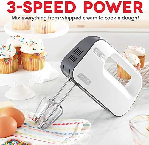 Dash SmartStore Hand Mixer - Electric Handheld Mixer For Everyday Baking - 3-Speed Power and One-Touch Beater Ejector Button - Cool Gray, Includes Whisk and Milkshake Attachments