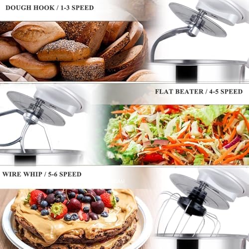 Stand Mixer 5-QT, 6+P Speed Tilt-Head Food Mixer 300W Dough Mixer with Stainless Steel Bowl,Dough Hook,Flat Beater&Whisk Electric Kitchen Mixer for Household Baking, Anti-Slip(Pearl White)