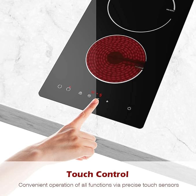 GIONIEN Electric Cooktop 2 Burners 220V~240V, Built-in 12 Inch Ceramic Burners, Double Glass Stove Top, Apartment Size Electric Radiant Cooktop with Hard Wire,3000W,No Plug