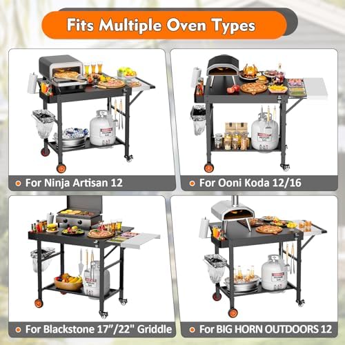 Pizza Oven Table for Ooni, Ninja & Blackstone, Wheeled Grill Cart