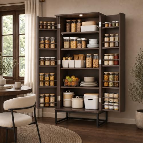 kepptory 51" Pantry Cabinet with Diamond-Patterned Doors and Golden Handles