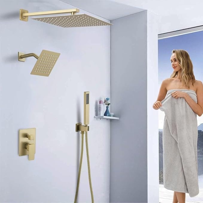 Shower Faucet Set Brushed Gold Shower System, Knob Switch Diverter Shower Faucet with High Pressure Handheld Spray, Wall Mount 12 Inch Shower Head with 6 Inch Wall Mount Shower Head