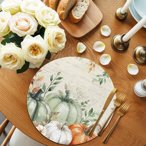 Fall Round Placemats Set of 8 Thanksgiving Sage Green Pumpkin Place Mats Washable Woven Placemat Floral Autumn Eucalyptus Leaves Circle Braided Table Mat for Kitchen Holiday Party Fall Decor 15 Inch