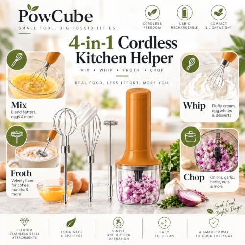Cordless Hand Mixer, 4-in-1 Handheld Electric Mixer with Electric Whisk Frother & 10 oz Mini Food Chopper, USB-C Rechargeable 4-Speed Hand Mixer for Eggs, Cream, Coffee & Small-Batch Prep