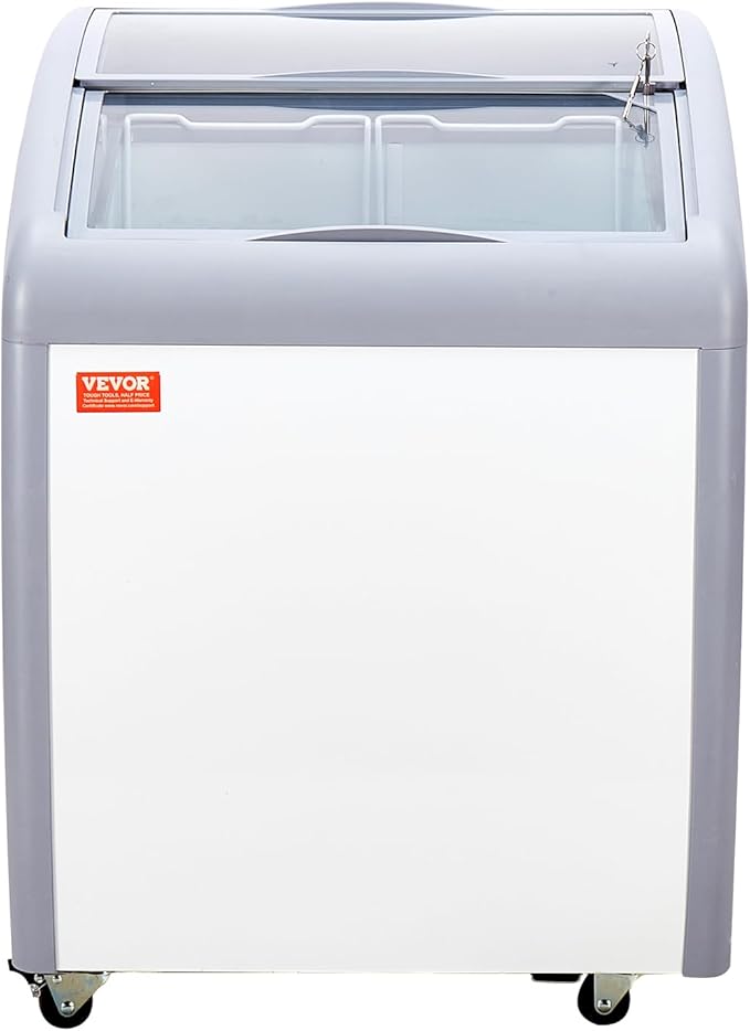 VEVOR Commercial Ice Cream Display Case, 5.4 Cu.ft Chest Freezer, Mobile Glass Top Deep Freezer, Restaurant Gelato Dipping Cabinet with 2 Wire Baskets, 2 Sliding Glass Doors, Locking Casters, White