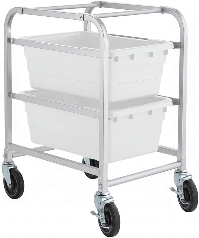 19"x26"x32" Mobile Aluminum Lug Rack with 2 White Meat Lugs / Tote Boxes - NSF Heavy-Duty Commercial Storage Cart, Portable Aluminum Utility Rack with Casters for Kitchen, Restaurant, or Food Prep