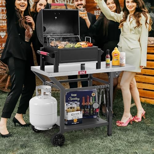 Feasto 43" Lx20 W Grill Table with Folding Side Table & Undershelf, Gray