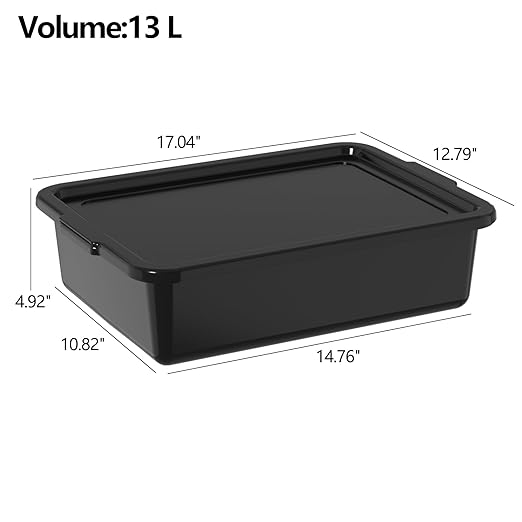 13 L Plastic Bus Tubs with Lids, Food Service Bus Tub Box, Black, 12 Packs
