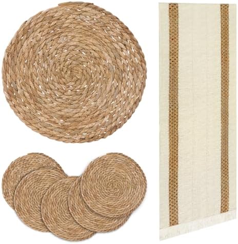 Round Woven Placemats Set of 6, with 72 Inches Long Farmhouse Macrame Table Runner Burlap Cotton Linen Table Runners Chargers for Dinner Plates, Beige & Brown