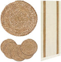 Round Woven Placemats Set of 6, with 72 Inches Long Farmhouse Macrame Table Runner Burlap Cotton Linen Table Runners Chargers for Dinner Plates, Beige & Brown