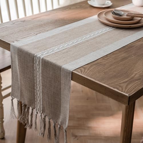 Niviy Farmhouse Table Runner, Embroidered Striped Braided Coffee Boho Table Runner, Cotton Linen Farmhouse Table Decoration for Holiday Party 12 x 60 Inches