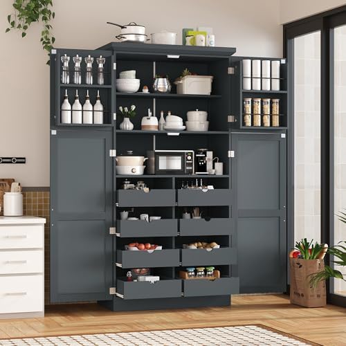 Merax 35.5x17.6x70.9 inches Freestanding Kitchen Pantry Cabinet, Tall Storage Cabinet with 4 Doors, 2 Door Shelves, 8 Pull-Out Trays and Adjustable Shelf for Dining Room, Gray