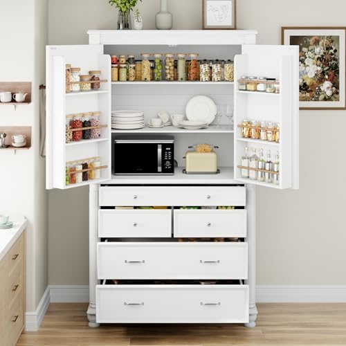 Merax 77" Tall Large Kitchen Pantry Storage Cabinet with 2 Doors & 2 Adjustable Shelves & 5 Drawers & 6 Side Door Shelves, Modern Freestanding Food Pantry for Dining Room, Living Room, White