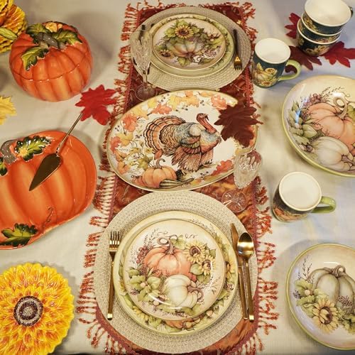 Autumn Breeze Set of 4 Earthenware Dinner Plates – Bring rustic fall charm to your table with pumpkins, sunflowers, and leaves in warm seasonal colors that elevate every meal 11"