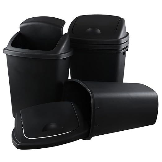 4-Pack Swing Top Wastebasket, Sleek Trash Can, 10 Gallon, Black Modern Garbage Bin for Kitchen, Bathroom, Garage and Workspace, Fits 10 Gal Liners