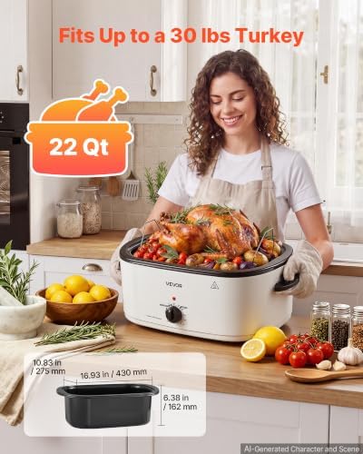 VEVOR Electric Roaster Oven, 22 Qt, Turkey Roasting Pan, White, Viewing Lid