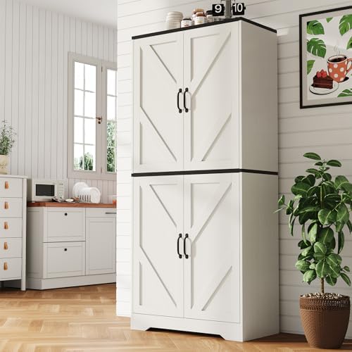 Garvee 70" Kitchen Pantry Cabinet, Farmhouse Tall Pantry Storage with Barn Doors and Adjustable Shelves, Wood Cupboard Locker for Kitchen, Dining Room, Living Room, Garage, White