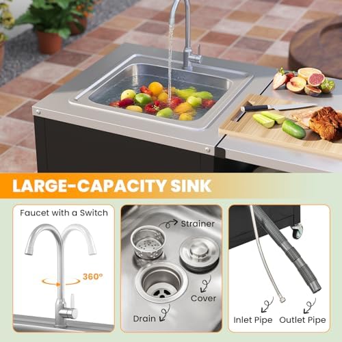 Happygrill 80” Outdoor Grill Table with Sink & Drainage, Wheels