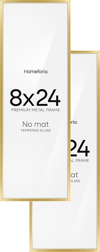 Homeforia 8x24 Panoramic Frame Gold, High End Metal 8 x 24 Picture Frames without Mat, 24x8 Hanging Gold Poster Frames for Wall, 8 by 24 inches Display Photo Frames, Tempered Glass, Wall Kit, Set of 2