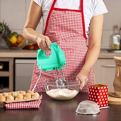 OVENTE Portable Electric Hand Mixer 5 Speed Mixing, 150W Powerful Blender for Baking & Cooking with 2 Stainless Steel Chrome Beater Attachments & Snap Clear Case Compact Easy Storage, Turquoise HM161T