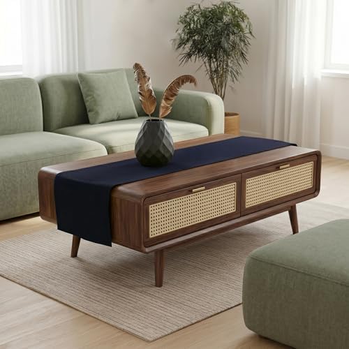 Solino Home 100% Pure Linen Dining Table Runner Navy Woven, Fete 14 x 60 in