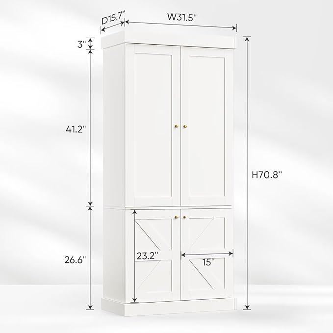 70.8" Tall Farmhouse Kitchen Pantry Cabinet with Doors, Modular Storage Cabinet with 4-Tier Adjustable Shelves, White, Wooden Hutch for Living Room, Kitchen, Set of 2