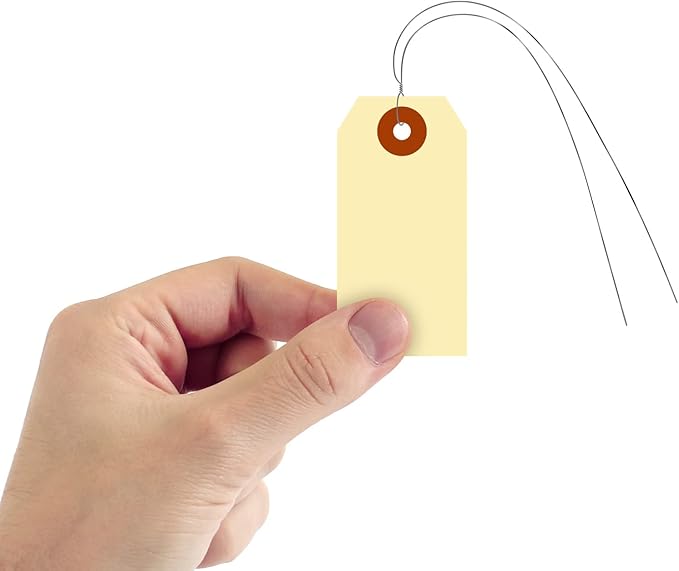 SmartSign Blank Manila Shipping Tags with Wire, Size-2, Pack of 100, 13pt Thick Prewired Cardstock Tag, 3.25 x 1.625 inch Paper Hang Tags with Reinforced Fiber Patch