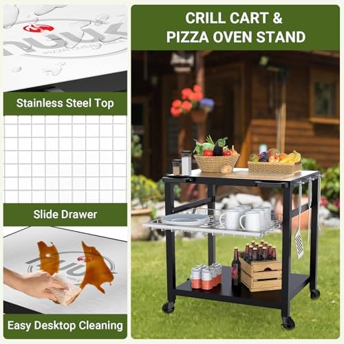 NUUK Grill Cart, 30 X 24 in Pizza Oven Table, Stainless Steel Top, 3-Tier