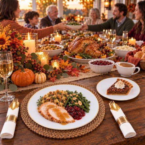 KIRE 175PCS Gold Plates Disposable - Heavy Duty White and Gold Plastic Plates Dinnerware Sets - 25 for Dinner 25 for Dessert 25 Pre Rolled Napkins and 25 Cups for Wedding/Party/Halloween/Thanksgiving