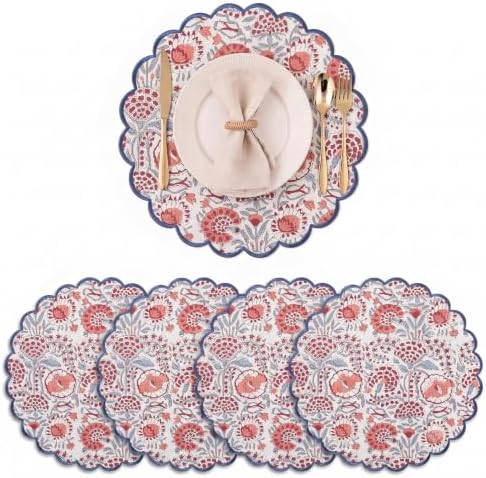 Ridhi Floral Block Print Round Placemats 15 Inch Set-4, Pigeon Blue & Pink