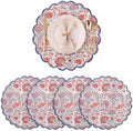 Ridhi Floral Block Print Round Placemats 15 Inch Set-4, Pigeon Blue & Pink