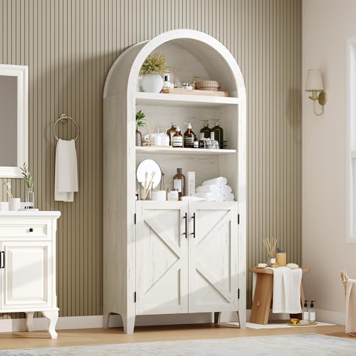 Arched Kitchen Pantry Cabinet with Doors, 5-Tier Open Display Shelf, White