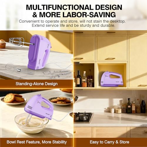 Electric Handheld Mixer, 7-Speed Adjustable Kitchen Mixer, 5 Stainless Steel Accessories (2 * Dough Hooks, 2 * Beaters, 1 * Whisk), Perfect for Kitchen and Baking Food Mixers, Purple