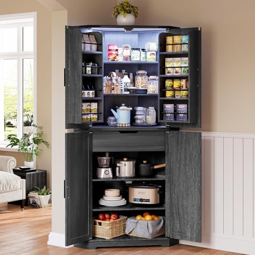 Dripex Tall Kitchen Pantry Cabinet with LED Light, 71" Corner Pantry Black