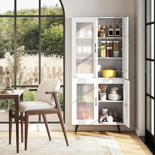 GIANTEX Kitchen Pantry Storage Cabinet, 70.5" Cupboard with 4 Transparent Doors, Adjustable Shelf & Metal Legs, Freestanding Tall Hutch Cabinet for Dining Room, Living Room, Office & Bathroom, White